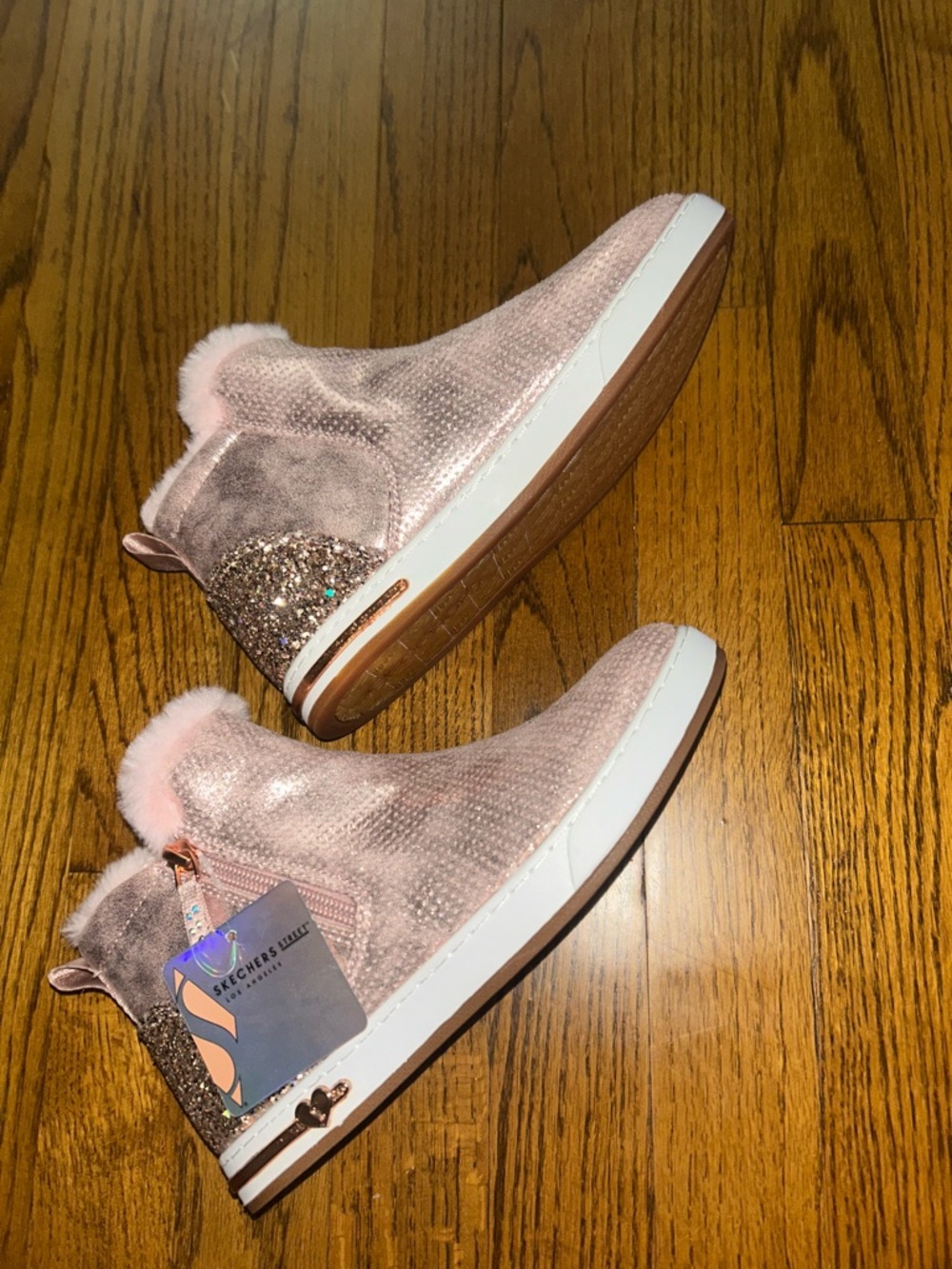 Skechers Rose Pink Glitter Slip-On Sneakers with Faux Fur Collar
